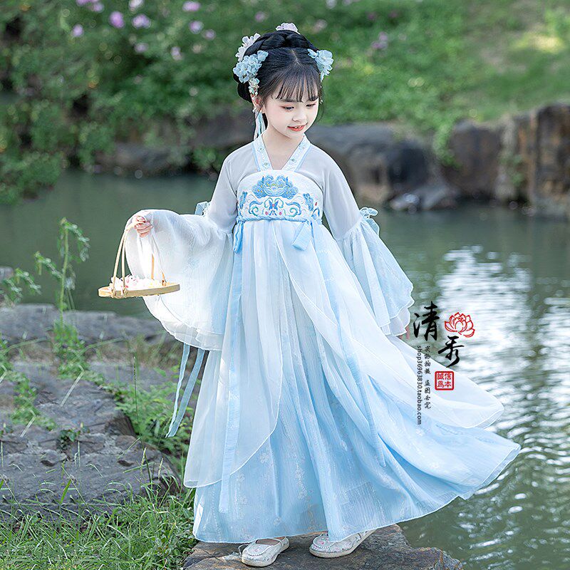 女童汉服江c南古风唐装公主连衣裙古筝演出服儿童古装春季超仙国