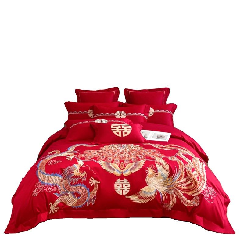 中式龙凤刺绣婚庆四件套大红色y床单被套纯棉结婚床上用品婚房陪