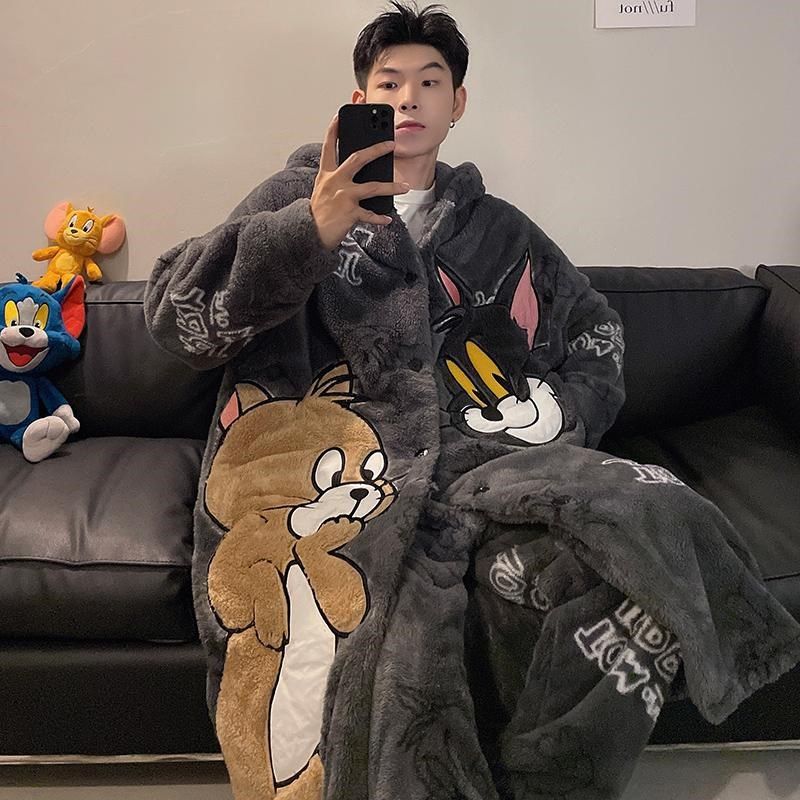 男士睡衣秋冬季珊瑚绒加s厚加绒长款睡袍套装青少年卡通大码家居