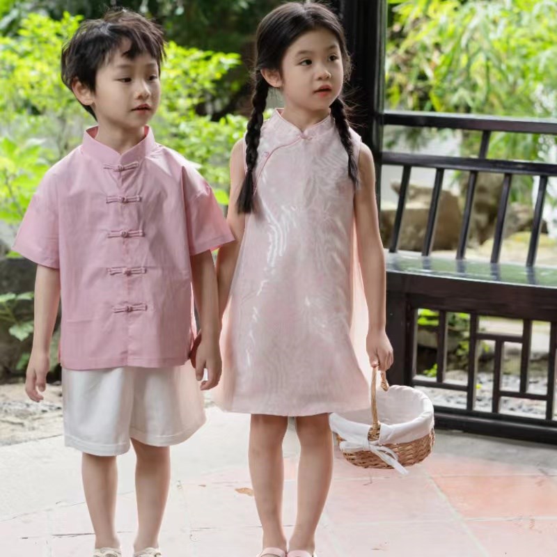 姐弟装多色新中式o姐弟装女童国风纱纱裙旗袍男童对襟套装短袖