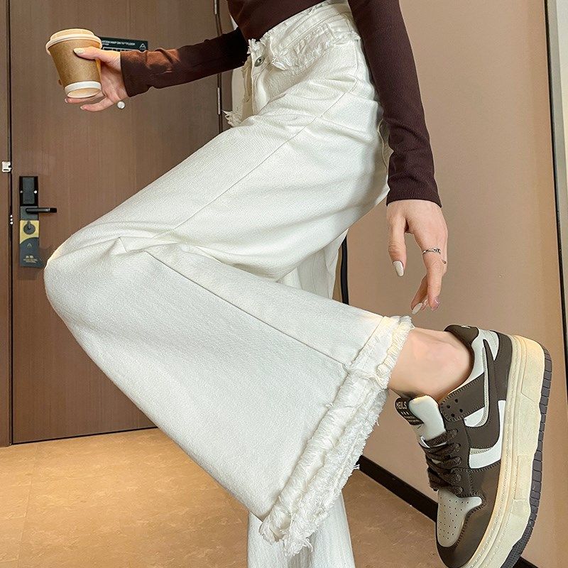 白色毛边阔腿牛仔裤女2024冬季加绒高腰宽松O小个子显瘦窄版拖地