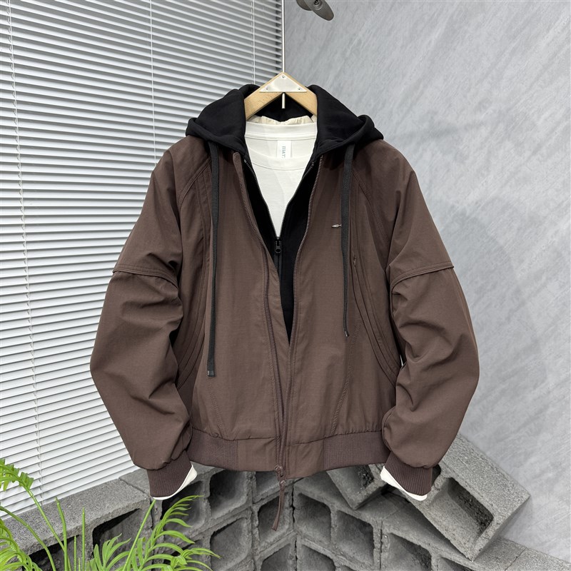 秋季假两c件外套男士潮流痞帅拼接连帽夹克百搭休闲上衣男冲锋衣