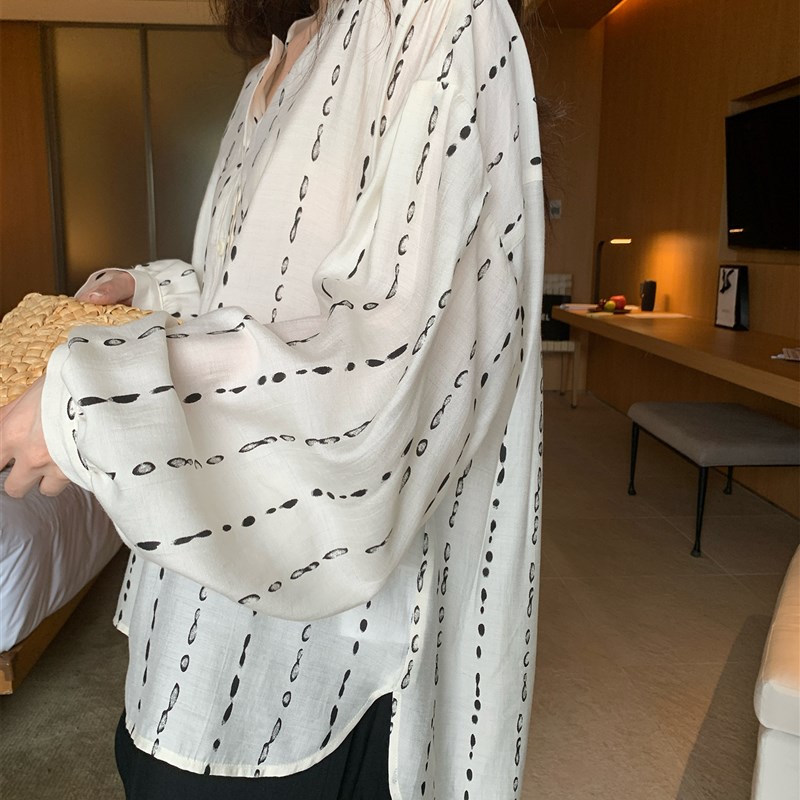 NAZ那子大码早秋亚麻棉水滴墨灯笼袖衬I衫胖mm大版宽松气质小衫女