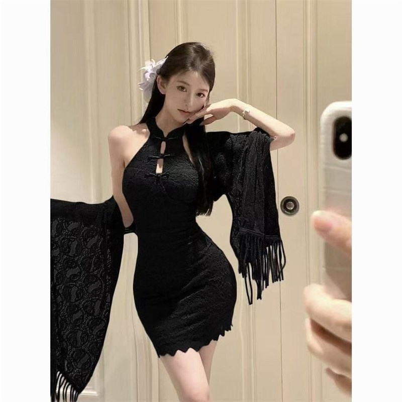 新中式国风紫色披肩改良旗袍蕾丝B连衣裙修身包臀裙约会短裙子套