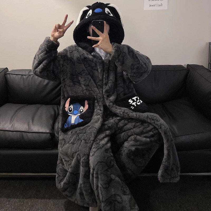 珊瑚绒睡衣男秋冬季青少年卡通睡袍法H兰绒加绒加厚男士浴袍家居