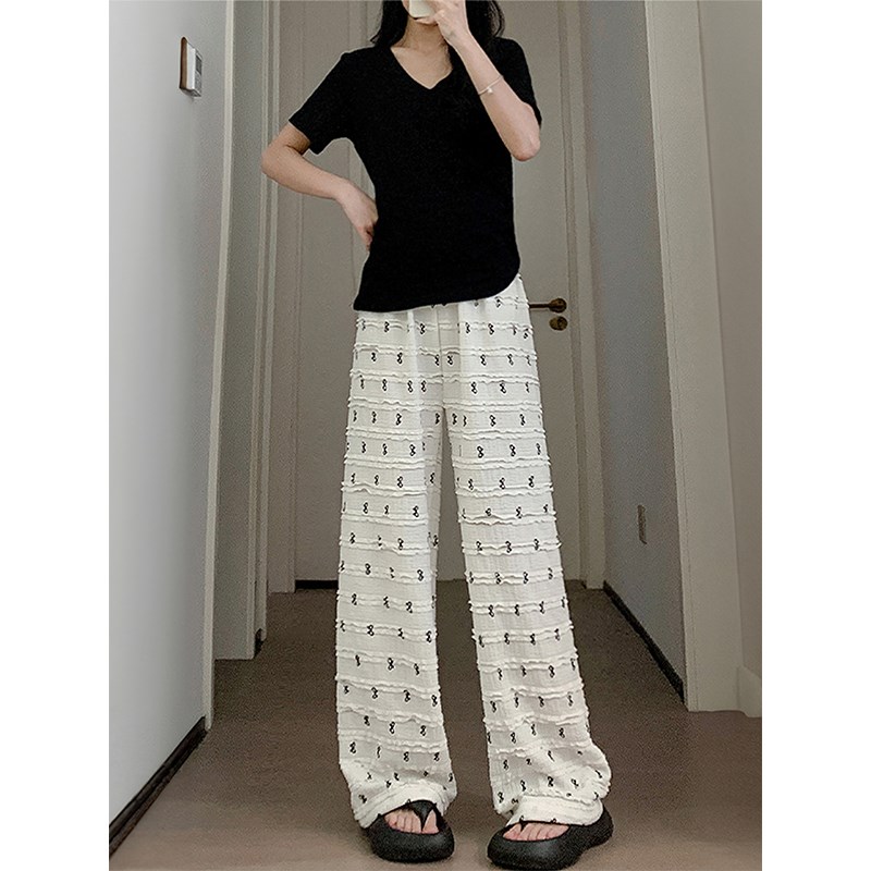 蝴蝶结阔腿裤f女夏薄款胖妹妹mm梨形身材高腰宽松显瘦条纹休闲裤