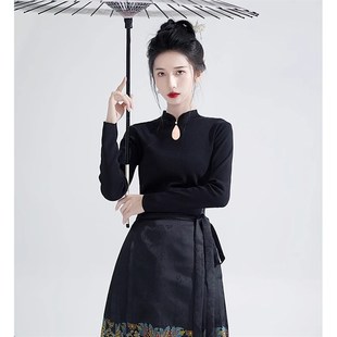 新中式立领上衣女国风配马面裙长袖打底衫春秋水滴U领修身黑色t恤