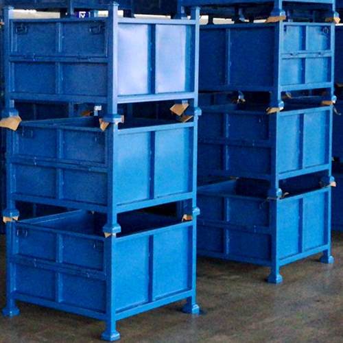 供应智琳仓储金属周转箱配叉车孔位可堆叠铁板料箱汽配仓库笼