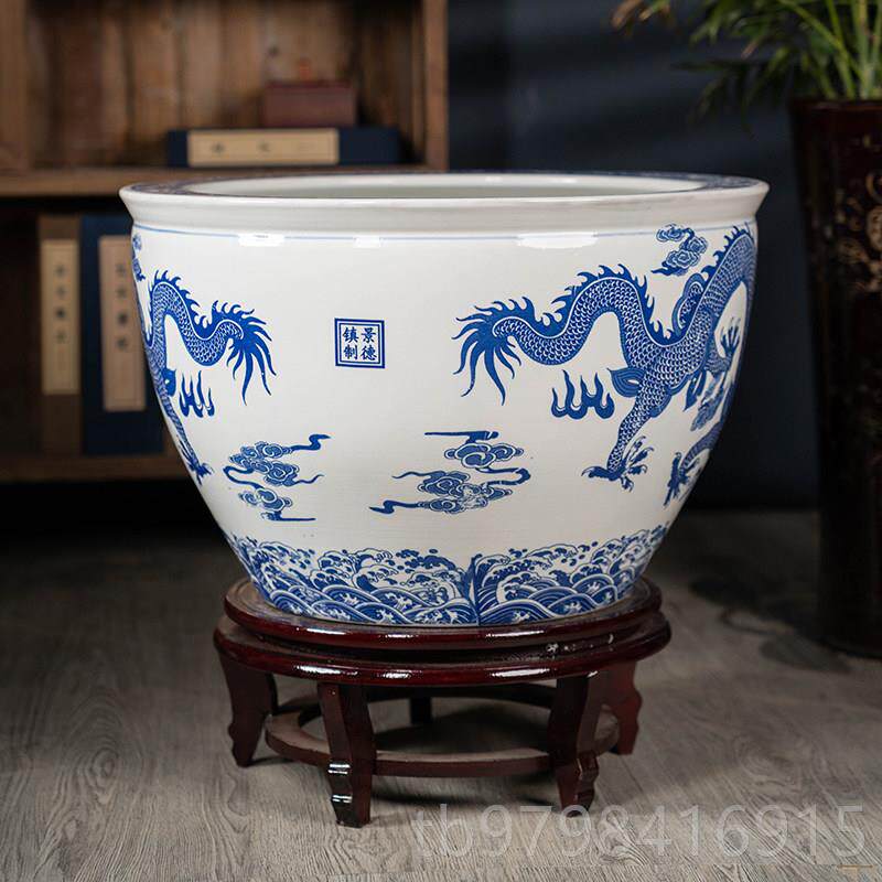 正品景德镇陶瓷青花瓷特养大号金鱼缸客厅酒店花龟乌睡莲荷盆庭院