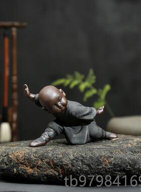 正品新式禅意少林功夫小和尚紫摆砂件陶家居客厅瓷博古架桌面摆设