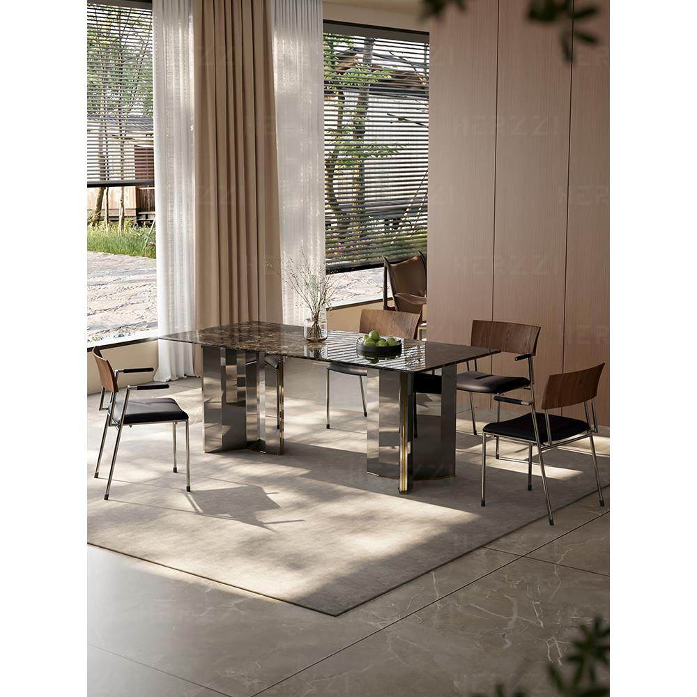 Herzzi进口天然豪华石材白金钻石餐桌长方形无障碍豪华餐桌大理石