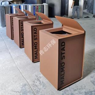 户外大容量公园景区复古烤漆喷塑巧克力色不锈钢木条垃圾桶果皮箱