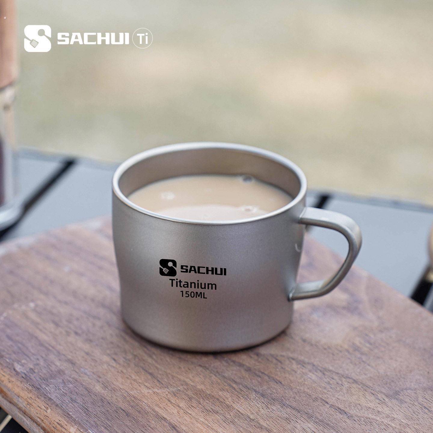 外贸纯钛咖啡杯户外露营便携式双层隔热带手柄茶杯家用泡茶杯纯钛