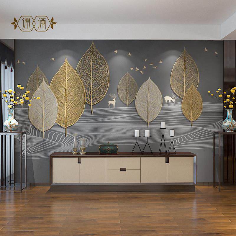 轻奢电视背景墙纸饭厅现代简约叶子卧室床头壁纸客厅壁画 画北欧