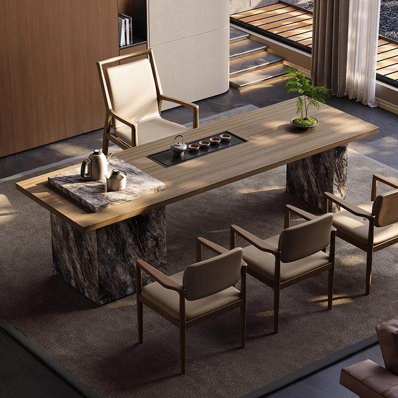 轻奢现代简约木纹岩板茶桌意识极简家用阳台设计师别墅客厅泡茶桌