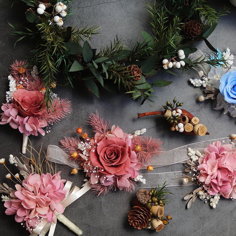 永生花真花豆沙粉色蓝色手腕花胸花 新娘伴娘婚礼备婚旅拍手腕花