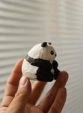 木刻自习室|木雕大熊猫纯手工雕刻木摆件可爱车内车载七夕节礼物