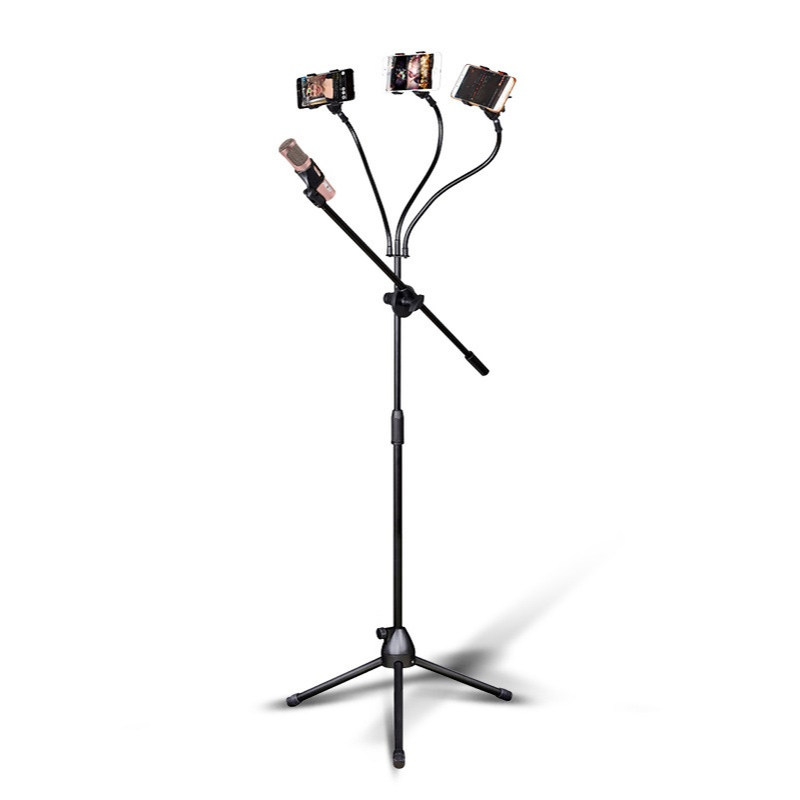 三手机落地支架 三机位三角架 麦克风话筒手机直播