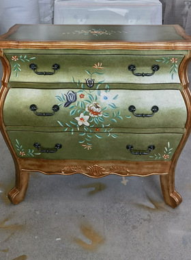 法国绿三斗柜复古做旧彩绘家具波浪柜进门玄关柜客厅储物柜装饰柜