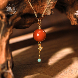 游思集川料天然火焰纹南红玛瑙12mm圆珠吊坠项链女轻奢小众锁骨链