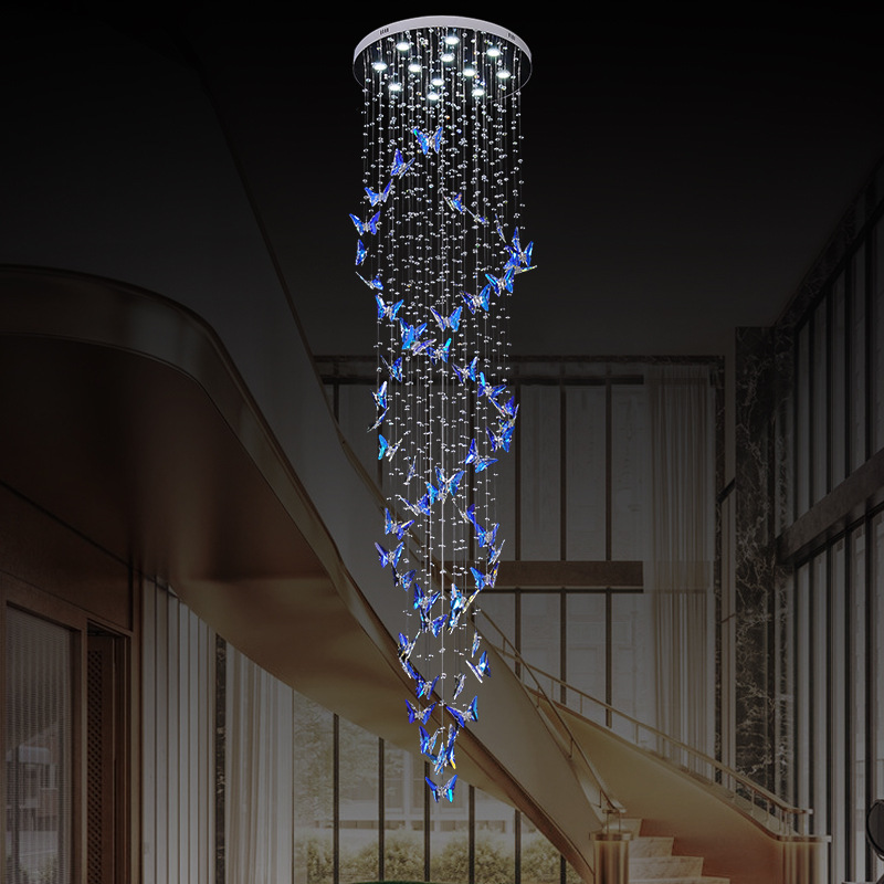 艺术水晶吊灯轻奢复式楼梯长中山灯饰蝴蝶LED别墅水晶灯轻奢风