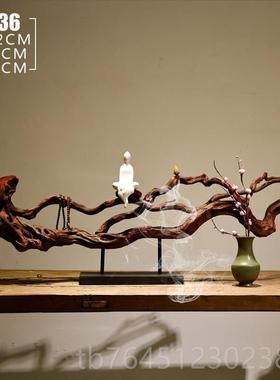 高档侘寂杜娟树根禅意摆件佛像风化实茶室客风厅家居关玄木新中式