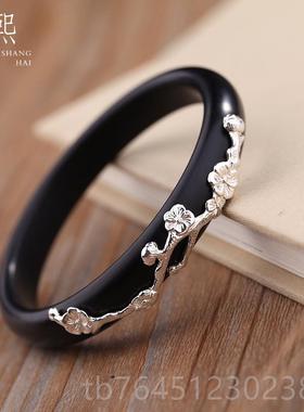 高档熙原创檀木手镯女梅纯银花镶天嵌然黑檀木镶银手镯手环素饰品