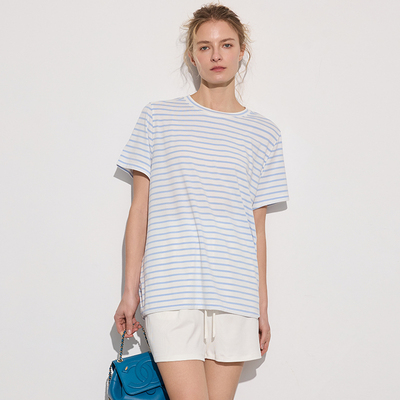 Willowind新款瑜伽服女 天丝纤维宽松短袖消臭抑菌透气条纹运动服