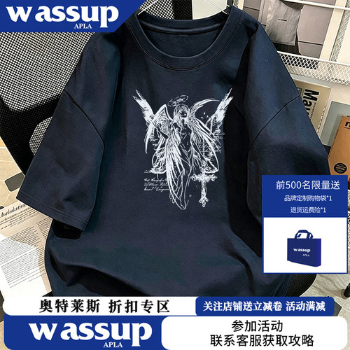 WASSUP夏季美式复古小众天使印花情侣T恤男女款百搭通勤半袖上衣
