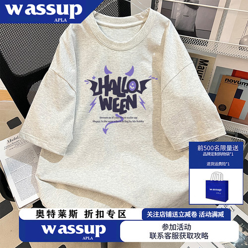 WASSUP美式高街联名小恶魔印花情侣T恤男女款百搭通勤半袖上衣