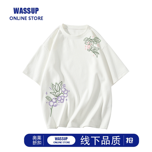 WASSUP美式高街简约盛开果实印花上衣情侣T恤男女百搭通勤半袖