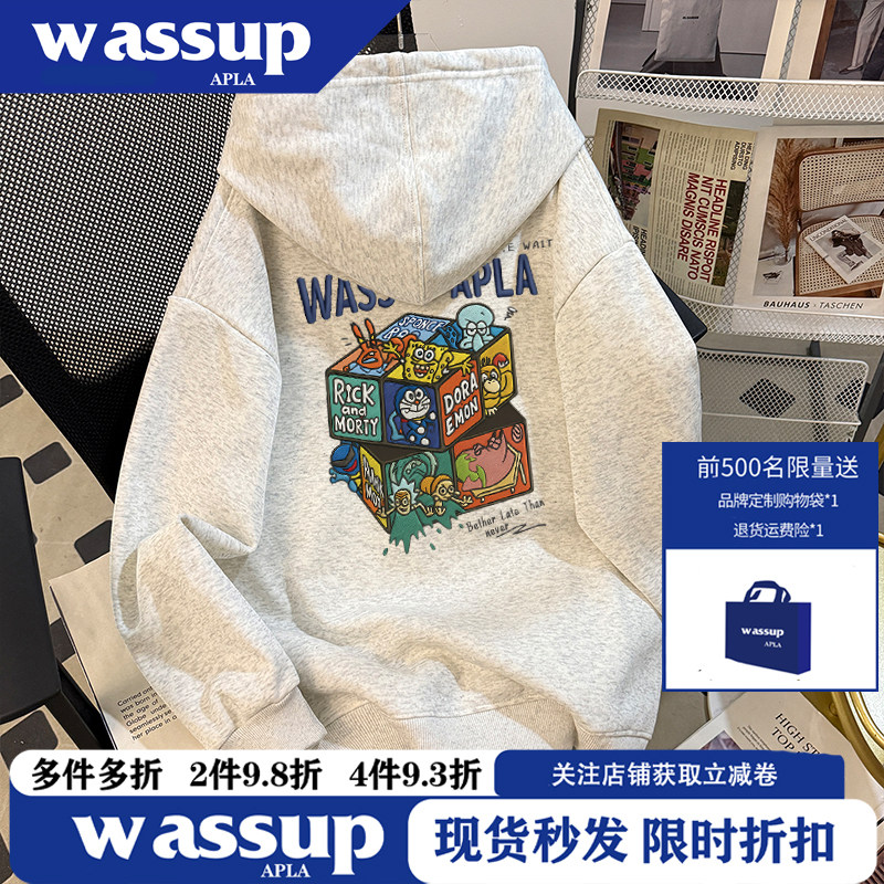 WASSUP美式秋冬季魔方卡通印花套头外套男女同款连帽卫衣百搭休闲