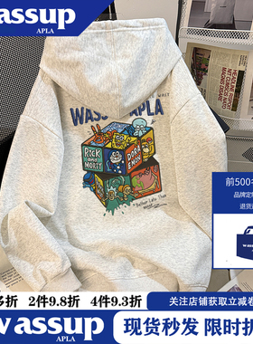 WASSUP美式秋冬季魔方卡通印花套头外套男女同款连帽卫衣百搭休闲
