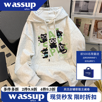WASSUP秋冬休闲连帽套头卫衣女罗小黑战记联名印花慵懒宽松外套