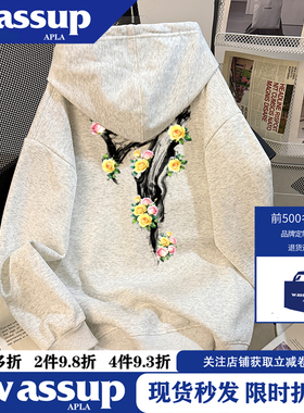 WASSUP美式高街oversize花卉字母印花秋冬款连帽宽松卫衣帽衫外套