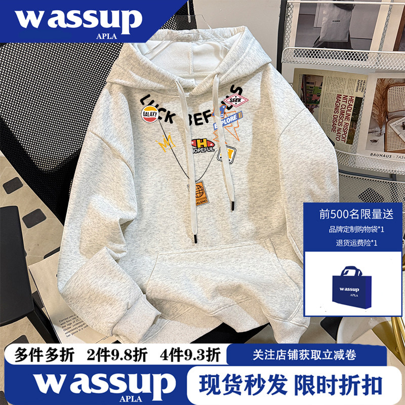 WASSUP2026美式秋冬男女卡通连帽卫衣创意项链印花情侣款宽松上衣