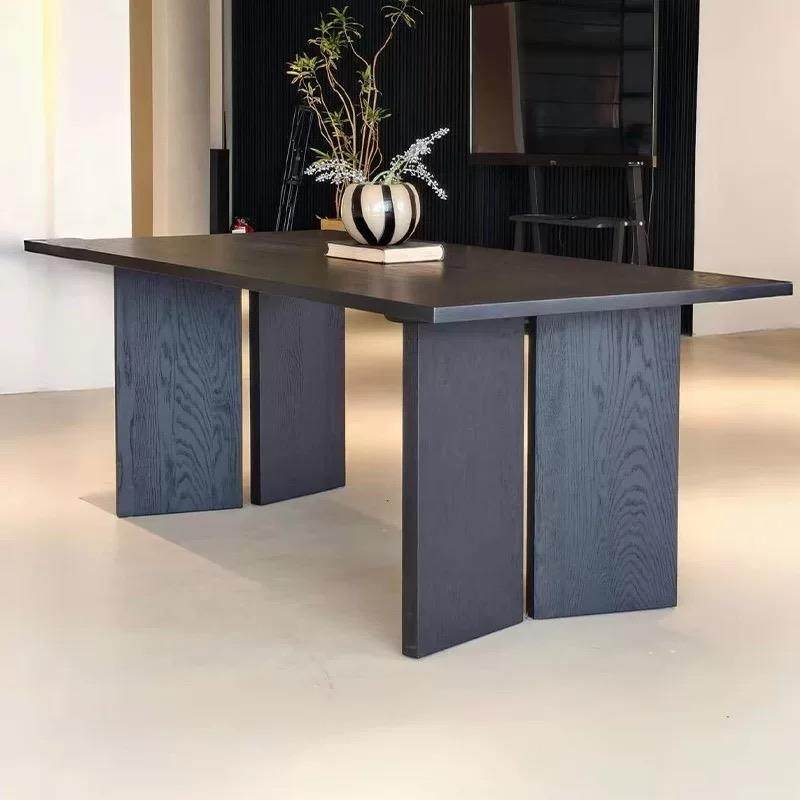 极简的黑色实木工作台设计师创意书桌原木客厅大长书桌家庭餐桌