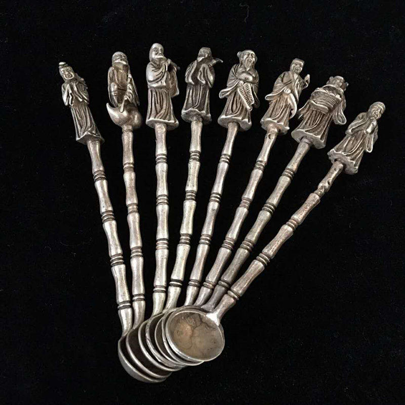 仿古做旧藏银配饰配药勺 八仙过海白铜鎏银配药勺套装八件,模玩/动漫/周边/娃圈三坑/桌游,文化/体育周边,淘宝优惠券,粉丝福利购,淘宝优惠卷