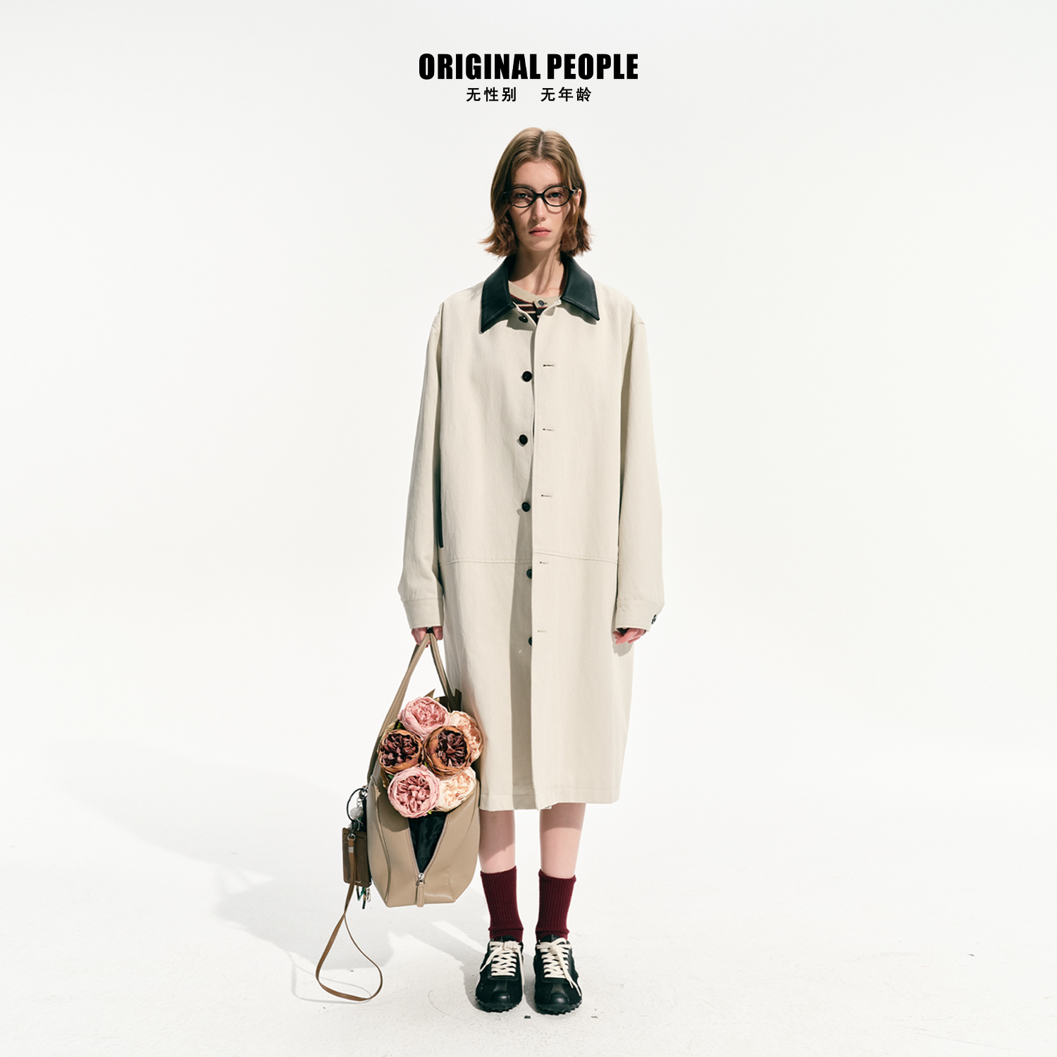 ORIGINAL PEOPLE设计感经典拼皮慵懒复古风宽松天丝垂感长款风衣,女装/女士精品,风衣,淘宝优惠券,粉丝福利购,淘宝优惠卷