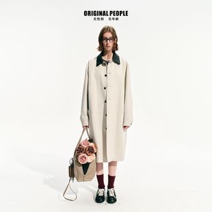 ORIGINAL PEOPLE设计感经典拼皮慵懒复古风宽松天丝垂感长款风衣
