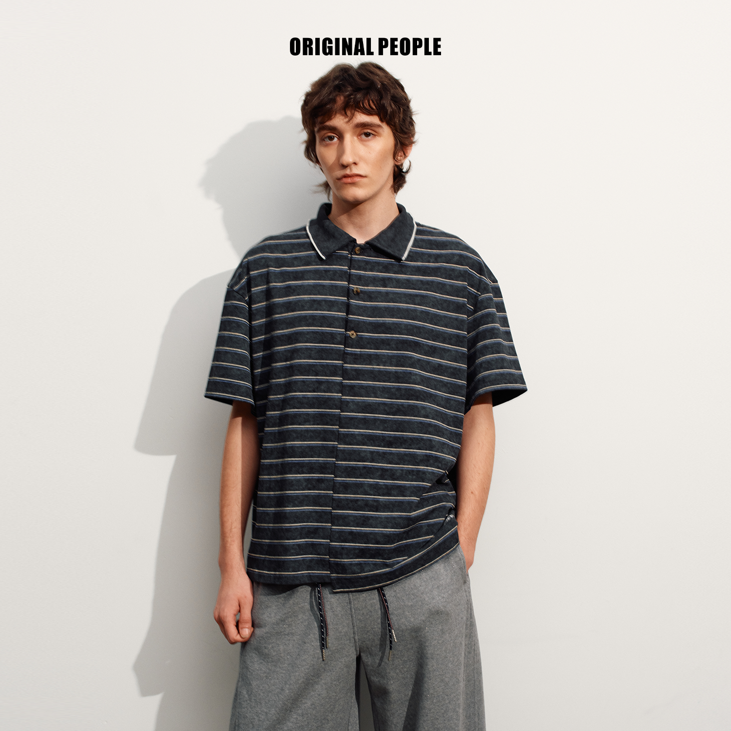 ORIGINAL PEOPLE【O:P LINK系列】复古错视条纹廓形短袖POLO衫T恤