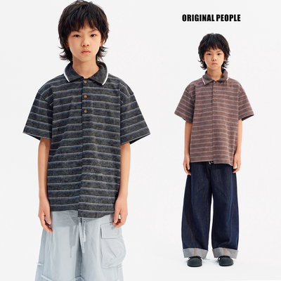 ORIGINAL PEOPLE【O:P LINK系列】夏儿童复古错视条纹短袖POLO衫