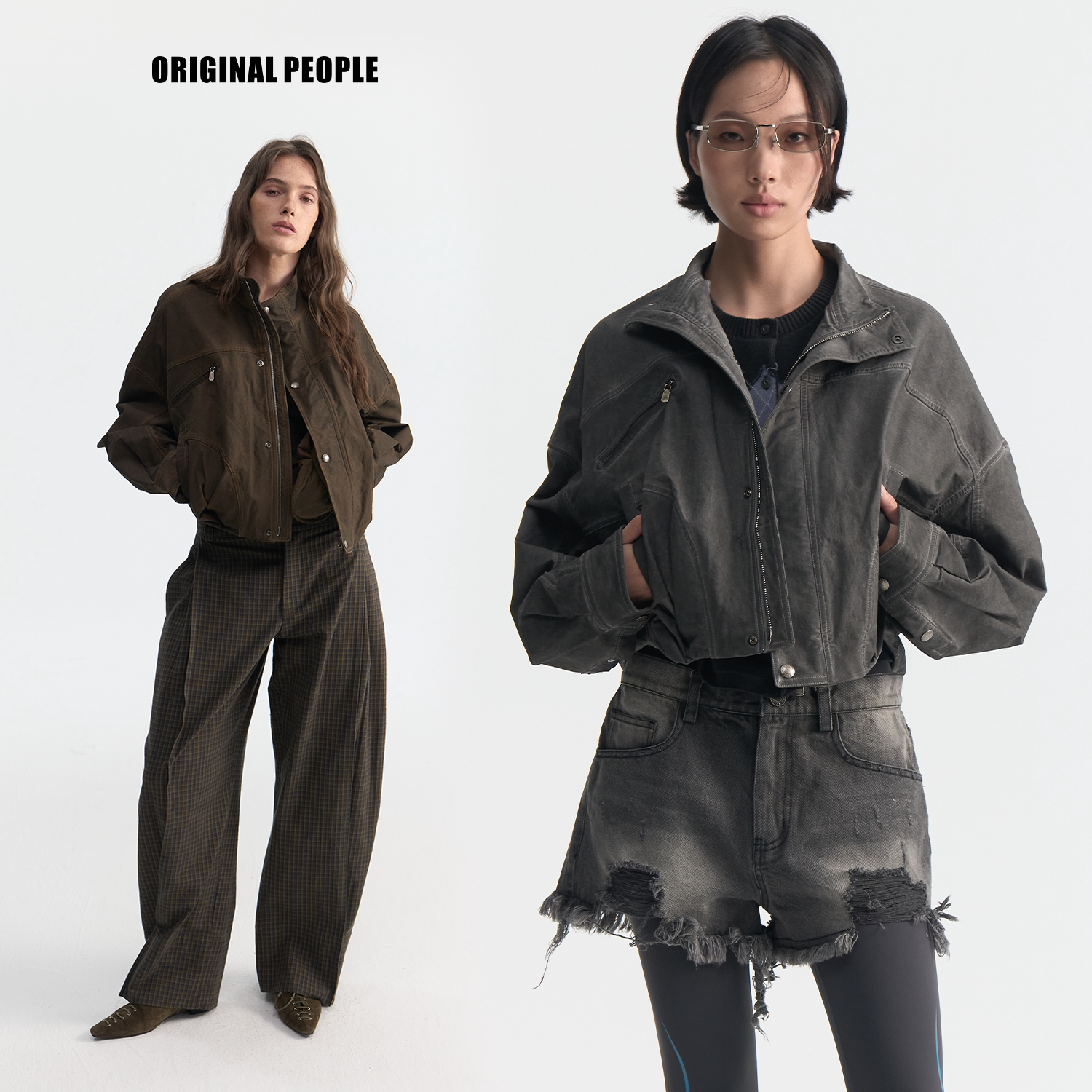 ORIGINAL PEOPLE秋季复古立领茧型成衣脏染中性短款夹克外套女