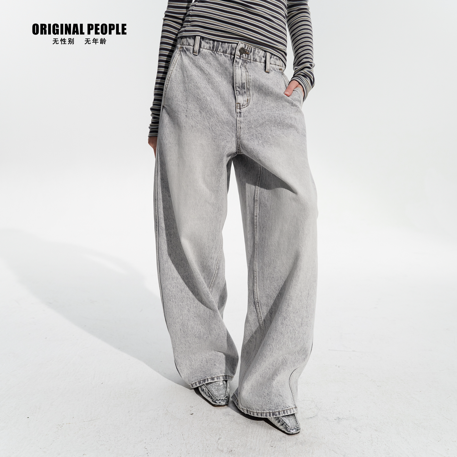 ORIGINAL PEOPLE春季复古做旧浅灰水洗阔腿松弛感阔腿牛仔裤图片