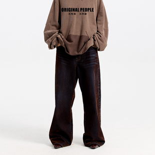 ORIGINAL PEOPLE 复古设计绒感洗褪阔腿牛仔裤男女同款直筒长裤子