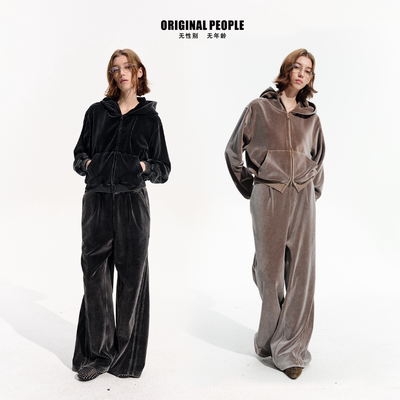 ORIGINAL PEOPLE早春复古运动感蜡染洗旧丝绒连帽卫衣女长裤套装