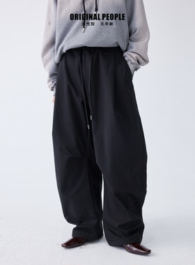ORIGINAL PEOPLE复古设计感阔腿弯刀裤男女同款松紧抽绳休闲裤