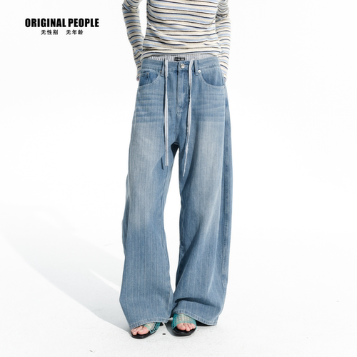 ORIGINAL PEOPLE春季中性复古做旧小弯刀竹节纹阔腿牛仔裤