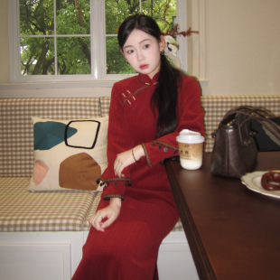 加绒敬酒服订婚新娘长袖 改良秋冬季 女 红色旗袍新中式 满柿2025新款