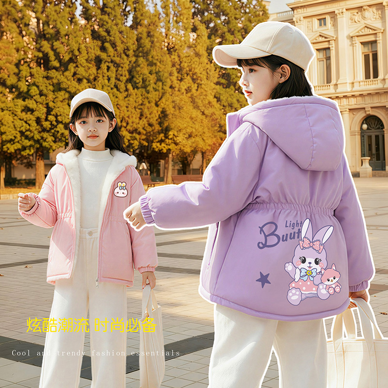 女童冬装加绒加厚风衣外套中小童女孩小公主冬季保暖可爱卡通上衣